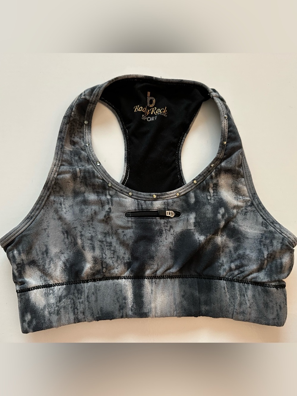 Body Rock Sport Sports Bra Crystal Sequins Zip Pocket Size S Gray Marble Tie Dye